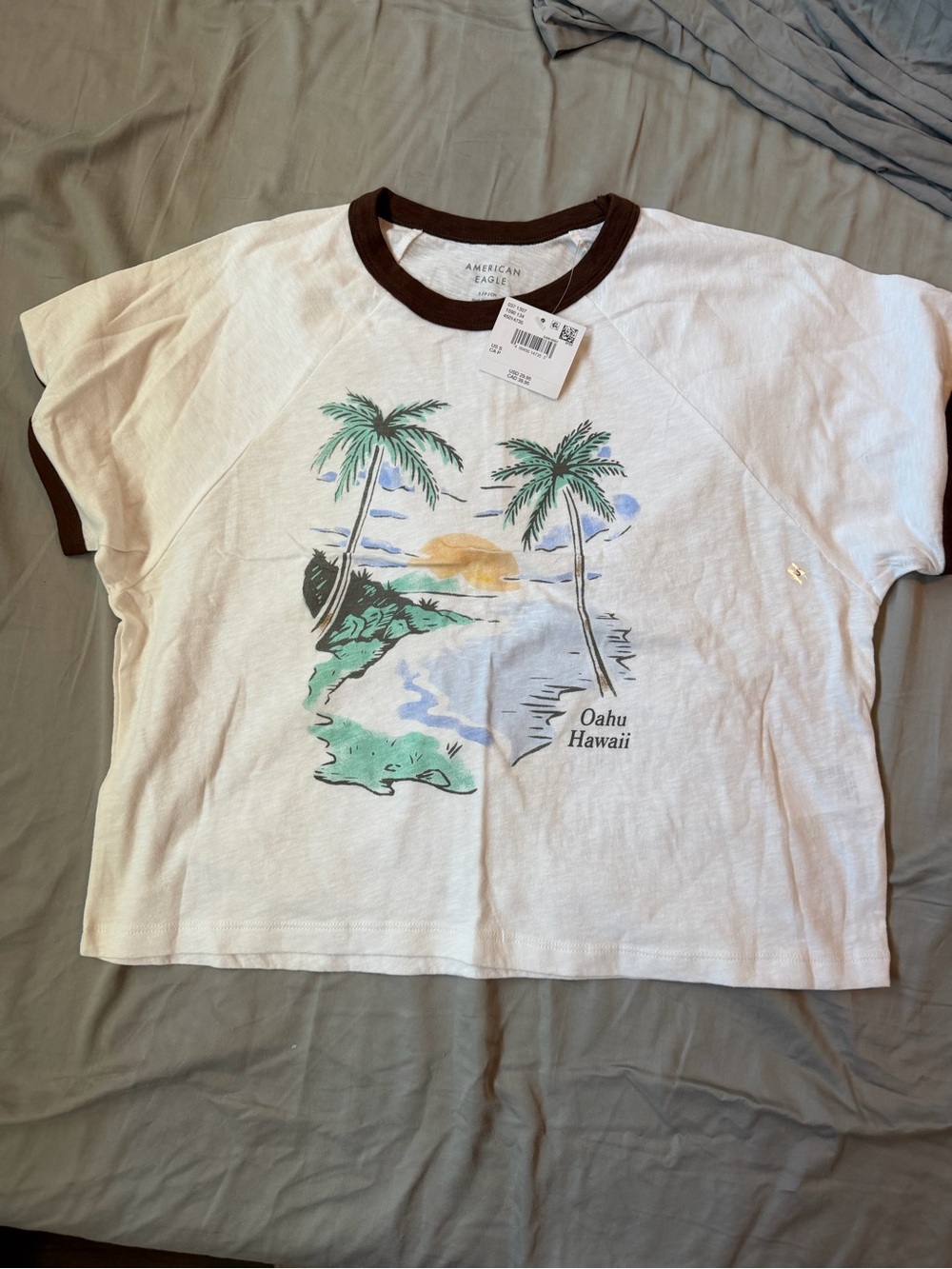 American Eagle Outfitters White Ringer Tee with Brown Trim and Oahu Graphic